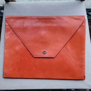 Abas large orange leather clutch envelope documents folder with press button